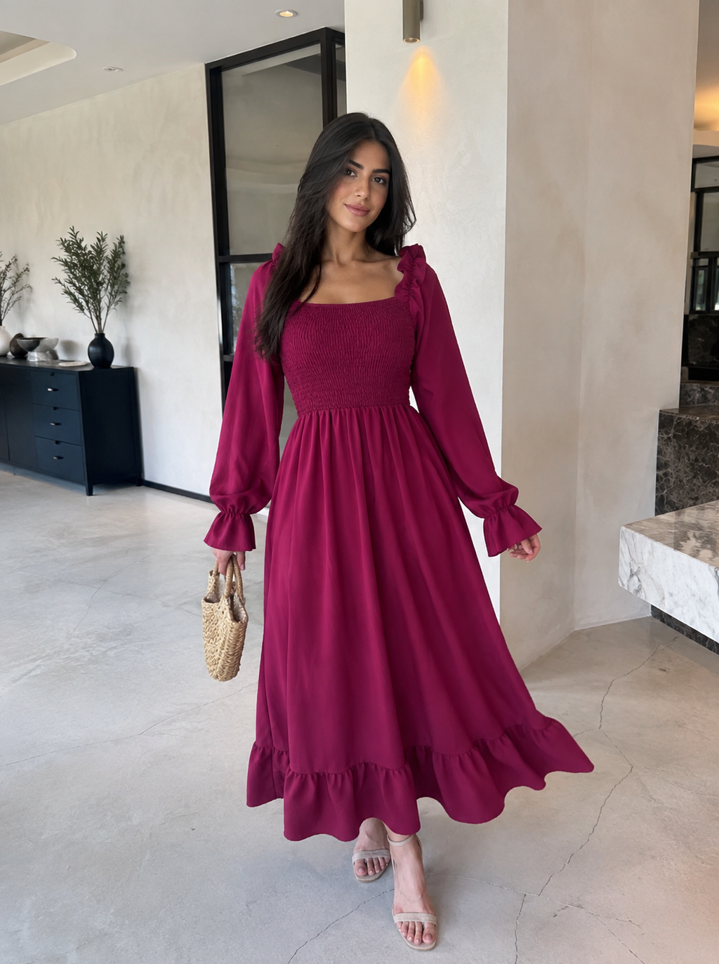 Chic 2026 Long Sleeve Long Dress Women Fashion Vestidos Casual Square Neck Horn Sleeve Big Pendulum Ruffle Edge Long Dress Y2K