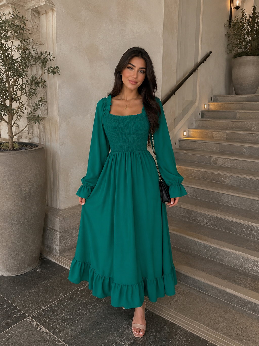 Chic 2026 Long Sleeve Long Dress Women Fashion Vestidos Casual Square Neck Horn Sleeve Big Pendulum Ruffle Edge Long Dress Y2K