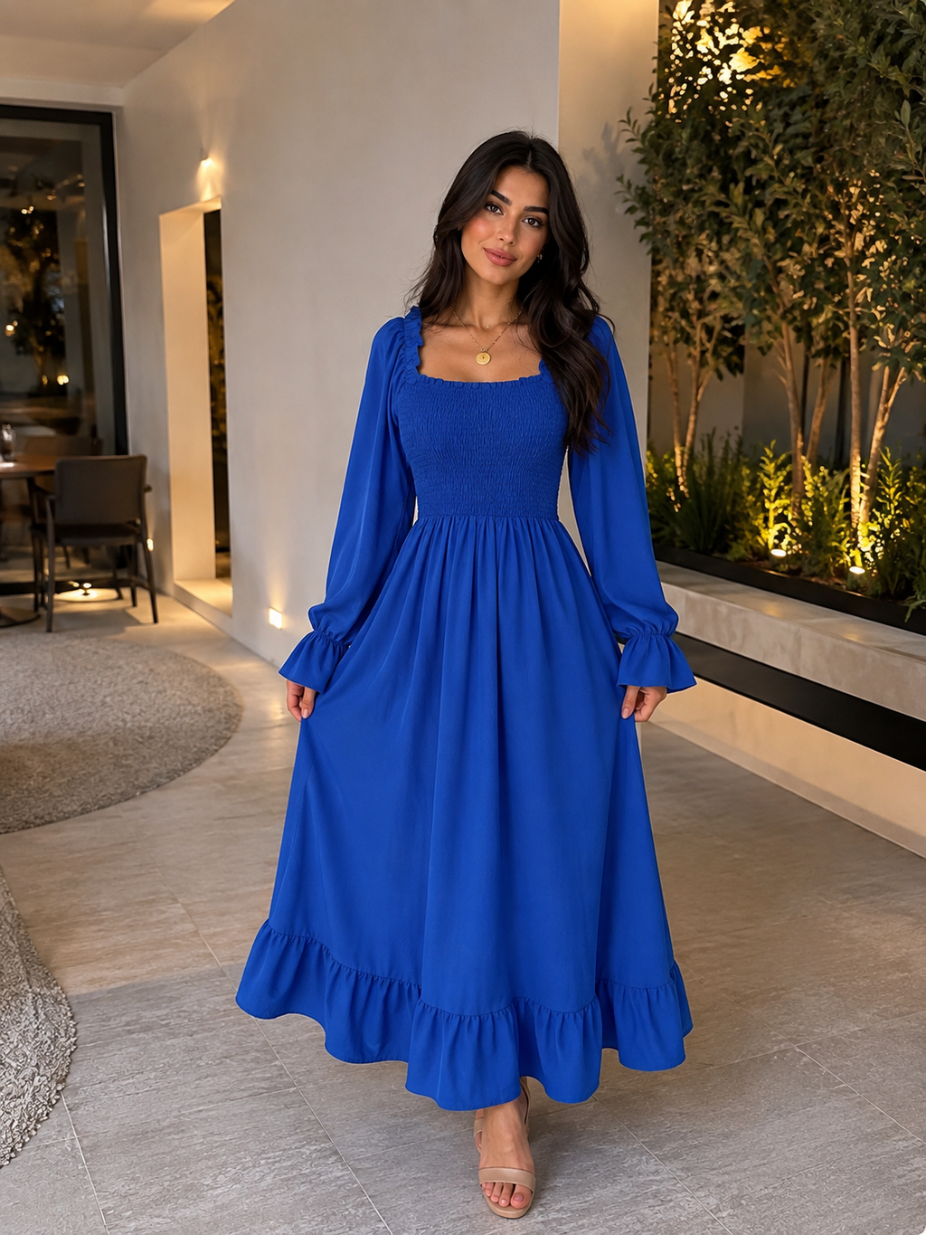 Chic 2026 Long Sleeve Long Dress Women Fashion Vestidos Casual Square Neck Horn Sleeve Big Pendulum Ruffle Edge Long Dress Y2K