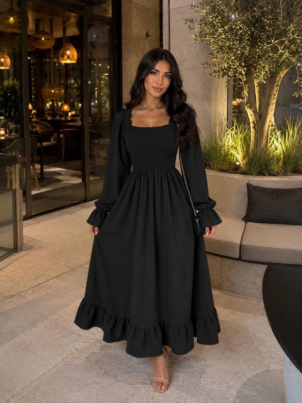 Chic 2026 Long Sleeve Long Dress Women Fashion Vestidos Casual Square Neck Horn Sleeve Big Pendulum Ruffle Edge Long Dress Y2K