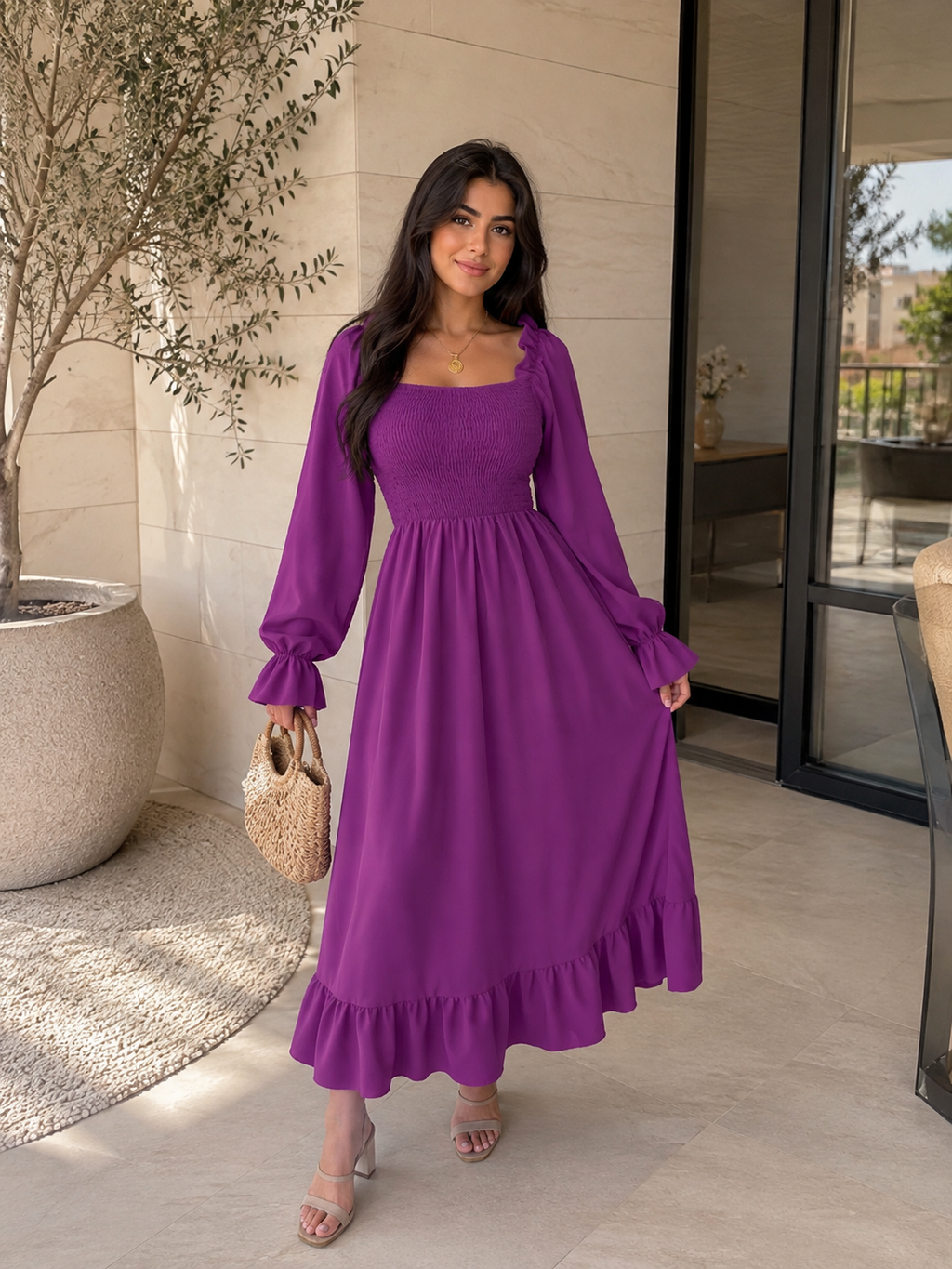Chic 2026 Long Sleeve Long Dress Women Fashion Vestidos Casual Square Neck Horn Sleeve Big Pendulum Ruffle Edge Long Dress Y2K