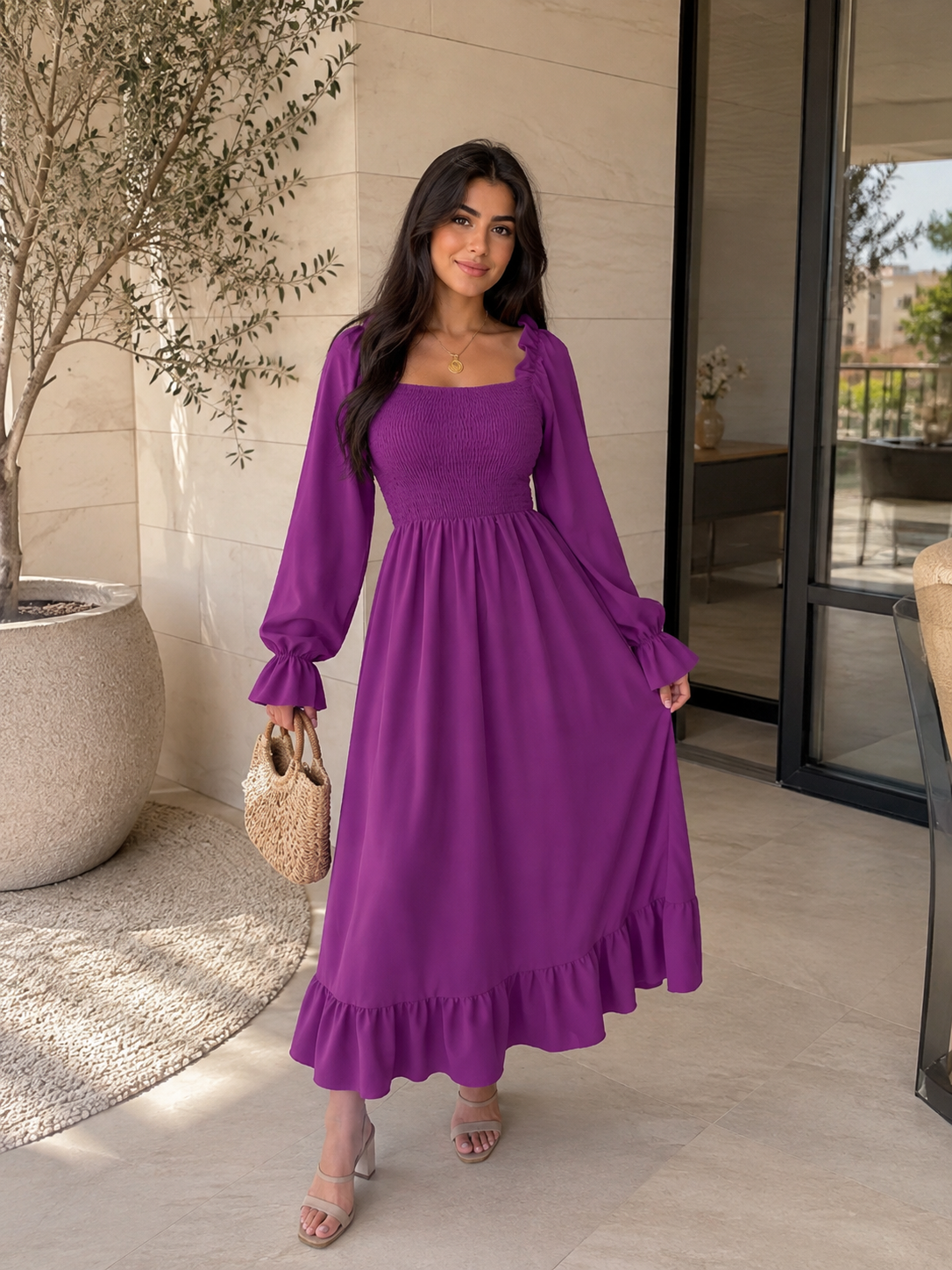 Chic 2026 Long Sleeve Long Dress Women Fashion Vestidos Casual Square Neck Horn Sleeve Big Pendulum Ruffle Edge Long Dress Y2K