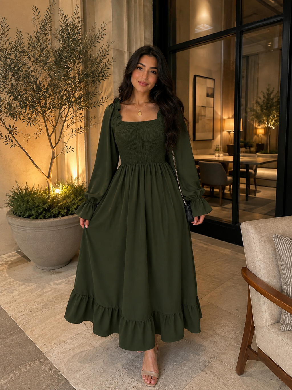 Chic 2026 Long Sleeve Long Dress Women Fashion Vestidos Casual Square Neck Horn Sleeve Big Pendulum Ruffle Edge Long Dress Y2K