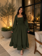 Chic 2026 Long Sleeve Long Dress Women Fashion Vestidos Casual Square Neck Horn Sleeve Big Pendulum Ruffle Edge Long Dress Y2K