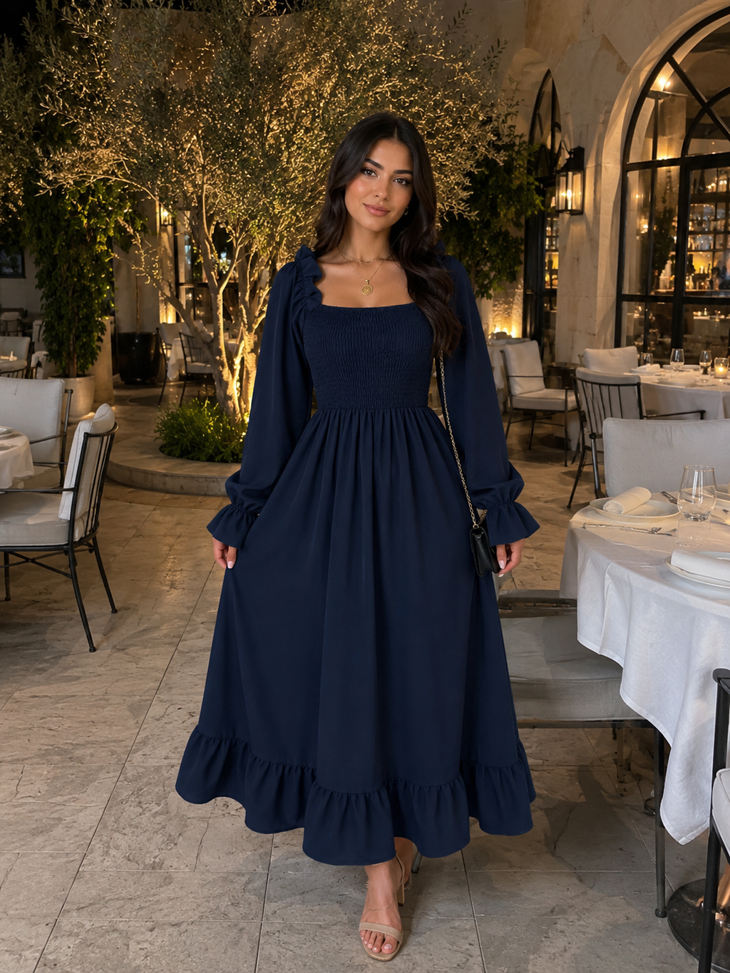 Chic 2026 Long Sleeve Long Dress Women Fashion Vestidos Casual Square Neck Horn Sleeve Big Pendulum Ruffle Edge Long Dress Y2K