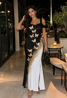 Women’s Elegant Butterfly Print Off-Shoulder Maxi Dress – Split Hem Bodycon Evening Party Gown