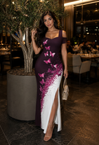Women’s Elegant Butterfly Print Off-Shoulder Maxi Dress – Split Hem Bodycon Evening Party Gown