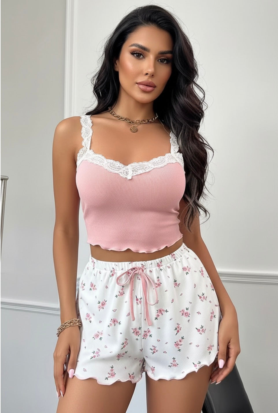 Women’s Lace Trim Ribbed Cami & Floral Shorts Pajama Set