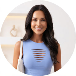 A circular portrait of influencer Claire Montgomery wearing a stylish ruched bodycon dress in a bright, modern studio setting